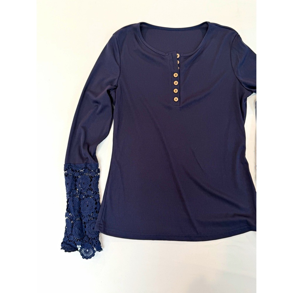 Women's Navy Ribbed Knit Henley Top Crochet Lace Cuff Long Sleeve large preppy
